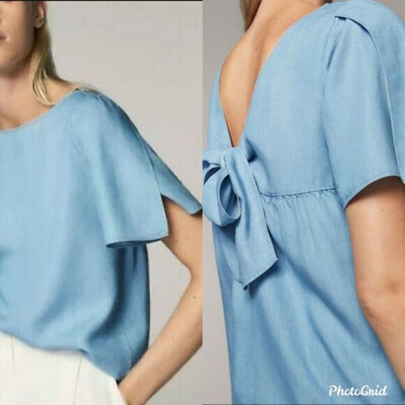 Chambray Massimo Dutti Tie-Back Bow Short Sleeve Blouse Top (NWT) - Picture 7 of 7